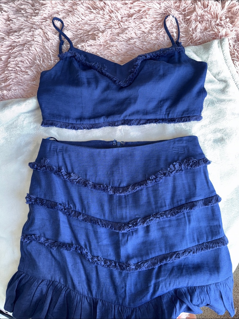 Blue Blush Royal Blue Tiered Fringe Mini Skirt Set